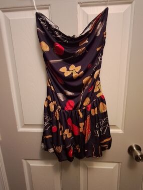 Fashion Nova Navy Cowl-Neck Dress with Red & Yellow Print
